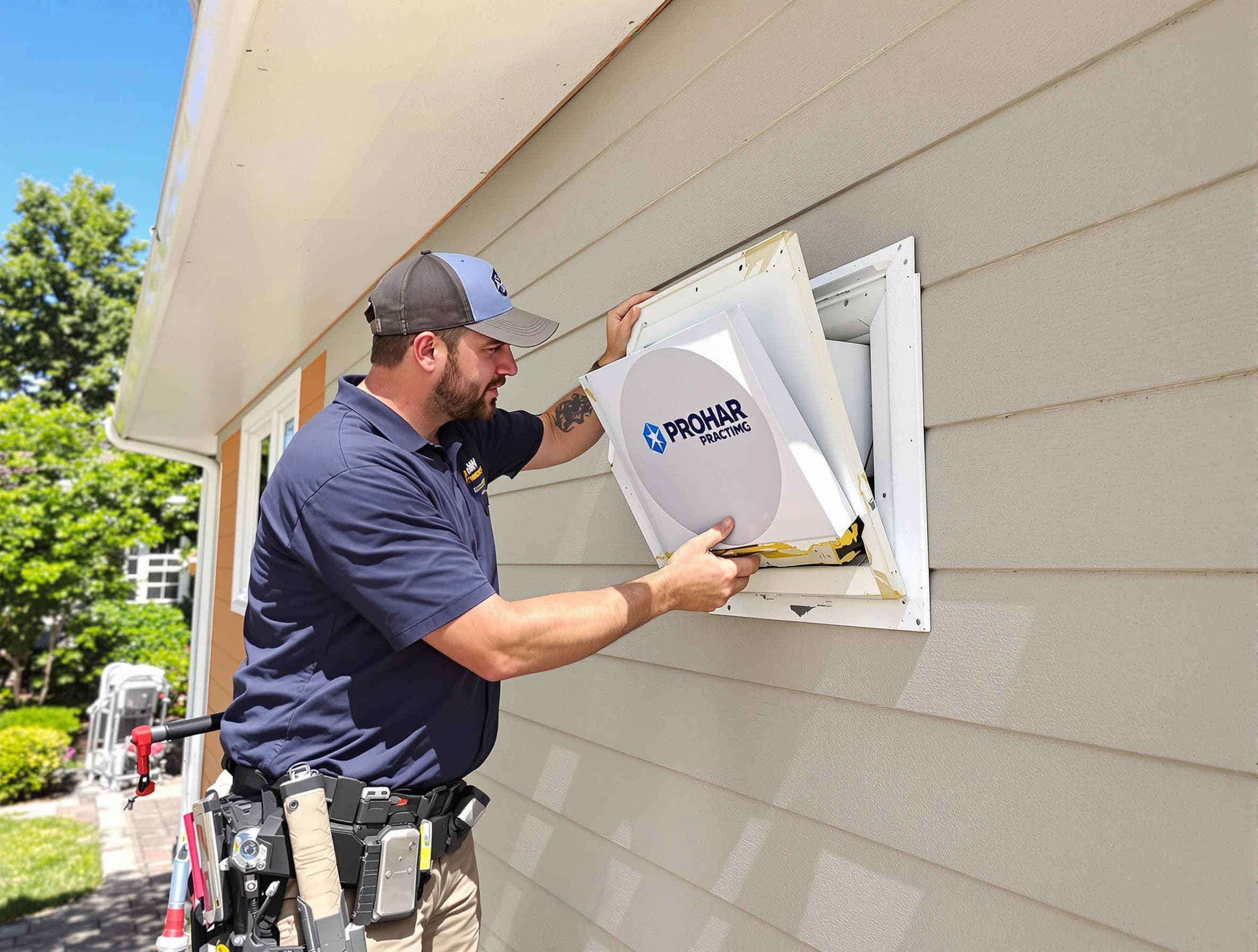 Hooper Dryer Vent Cleaning technician installing a new protective dryer vent cover on a home in Hooper