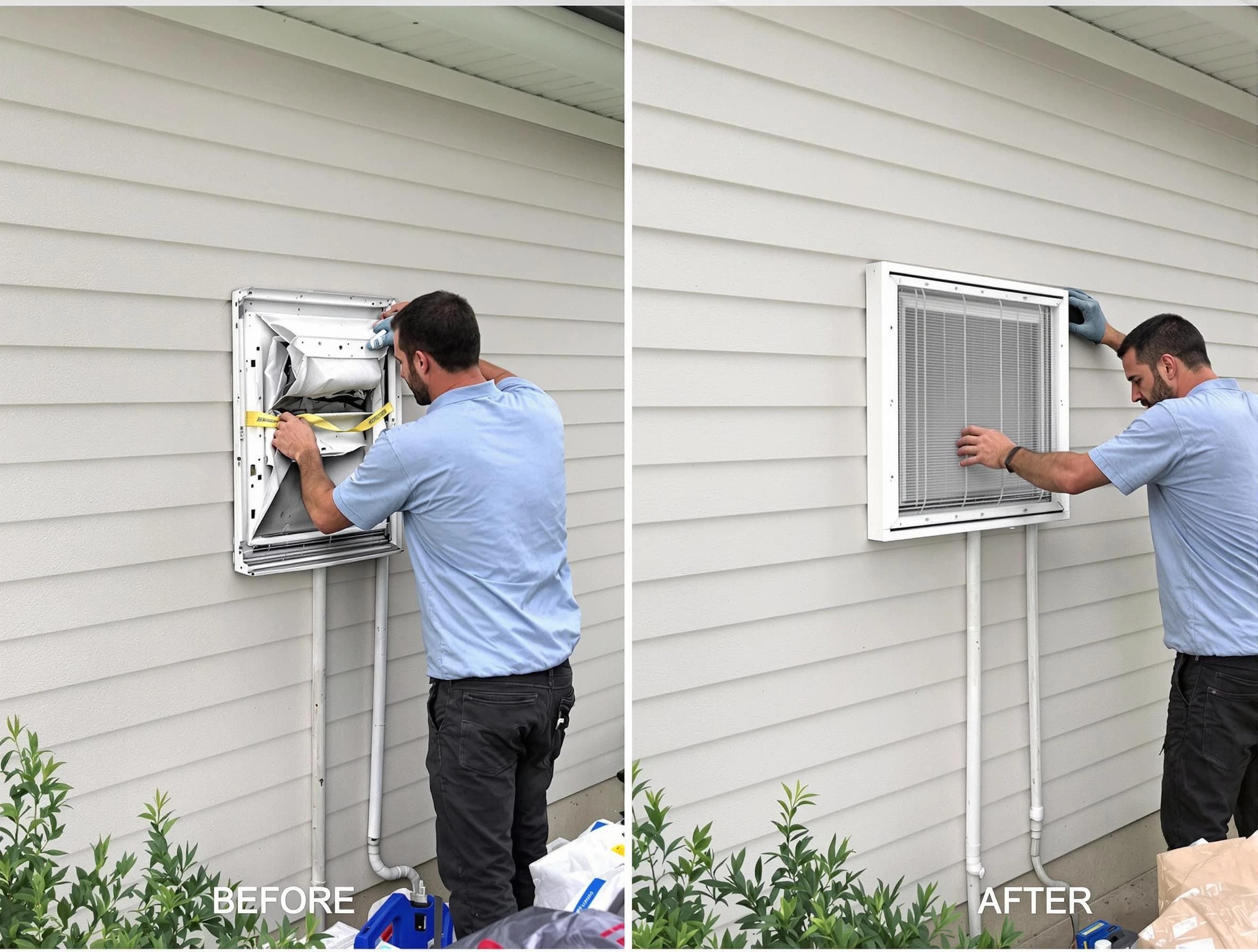Hooper Dryer Vent Cleaning technician installing high-quality dryer vent cover at a residential property in Hooper