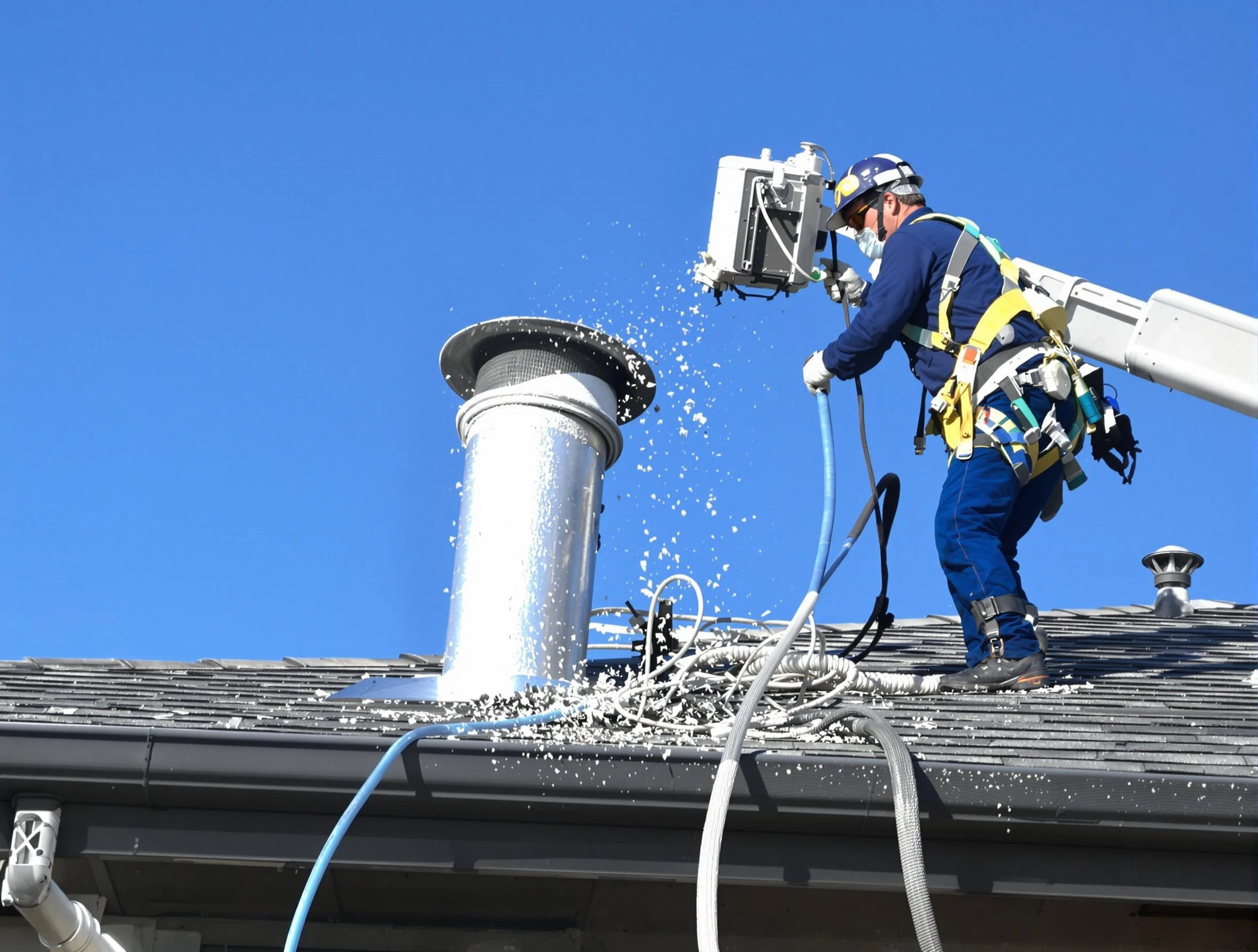 Hooper Dryer Vent Cleaning certified technician safely cleaning a roof-mounted dryer vent in Hooper